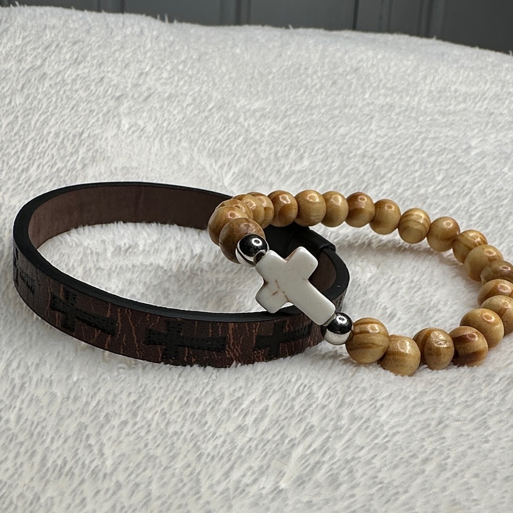 Brown Leather Cross Embossed Bracelet & Combo Tiger Stripe Wood Beaded Bracelet